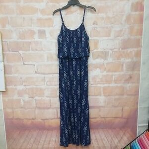 NWT W.F. Size L Navy Blue Patterned Maxi Dress Spaghetti straps